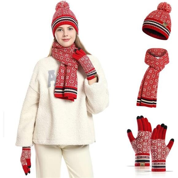 3Pcs Winter Hat Scarf and Touchcreen Gloves for Women, Red main image 6